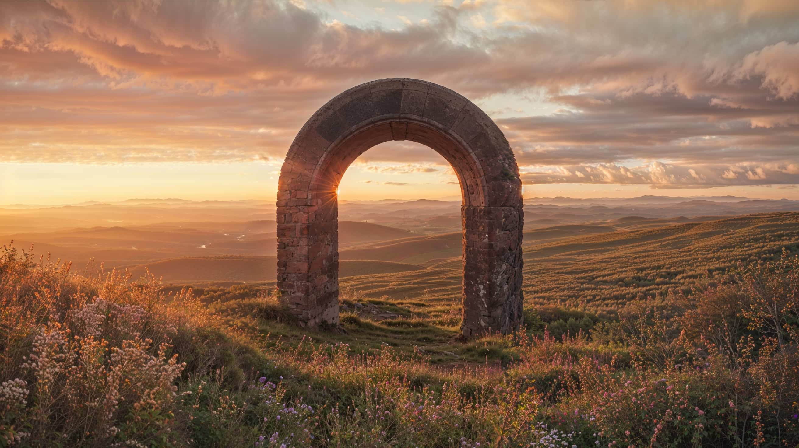Golden dreamscape with stone arch